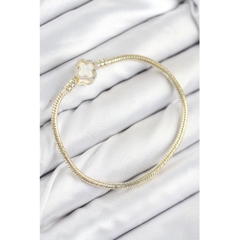 Mey İthalat® Pirinç Charm Zirkon Taşlı Yonca Model Gold Renk Kadın Bileklik