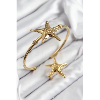 Mey İthalat® Pirinç Deniz Yıldızı Model Gold Renk Bileklik Yüzük Set