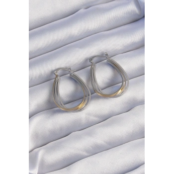Mey İthalat® Pirinç Gold Gümüş Renkli Oval Çoklu Görünümlü Küpe