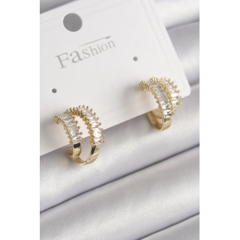 Mey İthalat® Pirinç Gold Renk 2Li Zirkon Taşlı Halka Model Kadın Küpe
