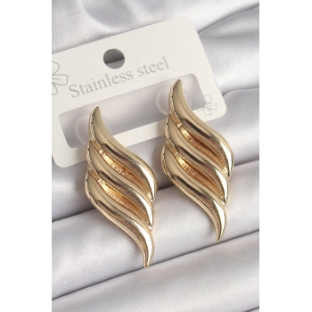 Mey İthalat® Pirinç Gold Renk 3 Sıra Dalga Model Kadın Küpe