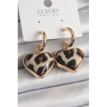 Mey İthalat® Pirinç Gold Renk 3D Kalp Leopar Model Kadın Küpe