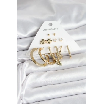 Mey İthalat® Pirinç Gold Renk 6 Çift Kadın Küpe Seti