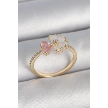 Mey İthalat® Pirinç Gold Renk Beyaz Mineli Pembe Zirkon Taşlı Çiçek Model Kadın Yüzük