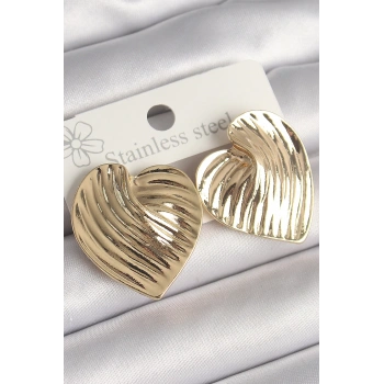 Mey İthalat® Pirinç Gold Renk İşlemeli Plaka Kalp Model Kadın Küpe