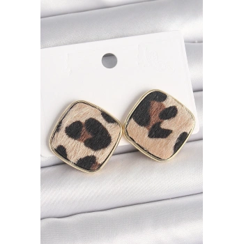Mey İthalat® Pirinç Gold Renk Kare Leopar Model Kadın Küpe