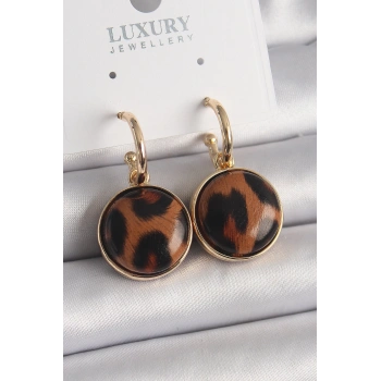 Mey İthalat® Pirinç Gold Renk Leopar Desenli Daire Model Kadın Küpe
