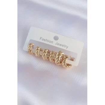 Mey İthalat® Pirinç Gold Renk Minimal Tırtıklı Küpe Seti