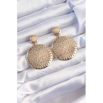 Mey İthalat® Pirinç Gold Renk Oval İşlemeli Küpe