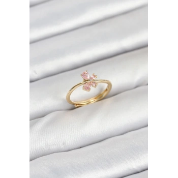 Mey İthalat® Pirinç Gold Renk Pembe Kelebek Kadın Yüzük