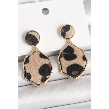 Mey İthalat® Pirinç Gold Renk Sallantı Leopar Desen Plaka Model Kadın Küpe