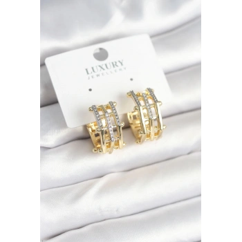 Mey İthalat® Pirinç Gold Renk Taşlı Halka Kadın Küpe