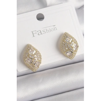 Mey İthalat® Pirinç Gold Renk Zirkon Taş İşlemeli Damla Model Kadın Küpe