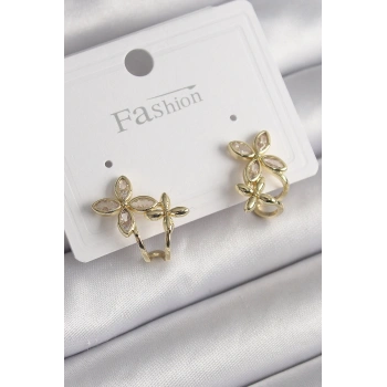 Mey İthalat® Pirinç Gold Renk Zirkon Taşlı 2Li Çiçek Model Kadın Küpe