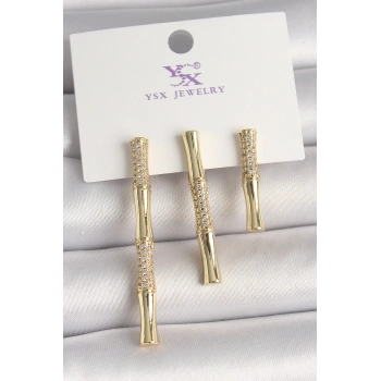 Mey İthalat® Pirinç Gold Renk Zirkon Taşlı Bambu Model 3Lü Kadın Kombin Küpe