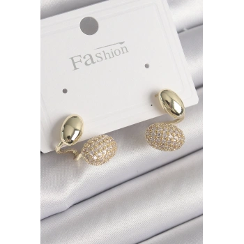 Mey İthalat® Pirinç Gold Renk Zirkon Taşlı Bombeli Model Kadın Küpe