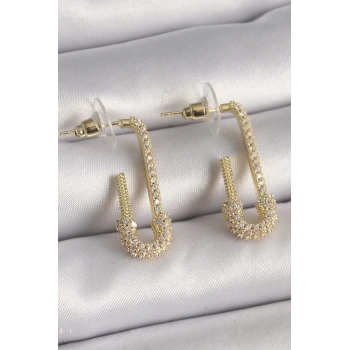 Mey İthalat® Pirinç Gold Renk Zirkon Taşlı Çengelli İğne Model Kadın Küpe