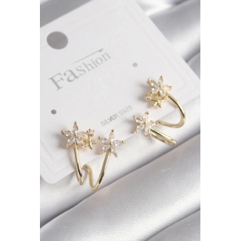 Mey İthalat® Pirinç Gold Renk Zirkon Taşlı Çiçek Model Kadın Küpe