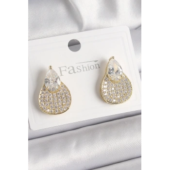 Mey İthalat® Pirinç Gold Renk Zirkon Taşlı Damla Model Kadın Küpe