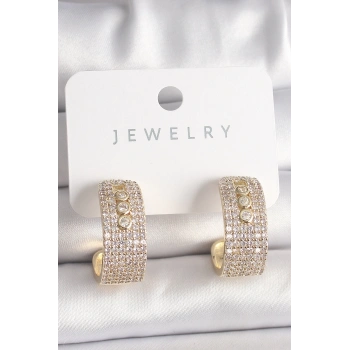 Mey İthalat® Pirinç Gold Renk Zirkon Taşlı Halka Messika Model Kadın Küpe