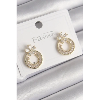 Mey İthalat® Pirinç Gold Renk Zirkon Taşlı Halka Model Çiçek Figür Kadın Küpe