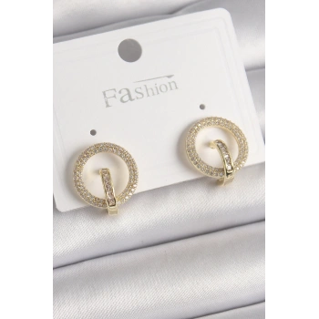 Mey İthalat® Pirinç Gold Renk Zirkon Taşlı Halka Model Kadın Küpe