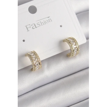 Mey İthalat® Pirinç Gold Renk Zirkon Taşlı Halka Model Kadın Küpe