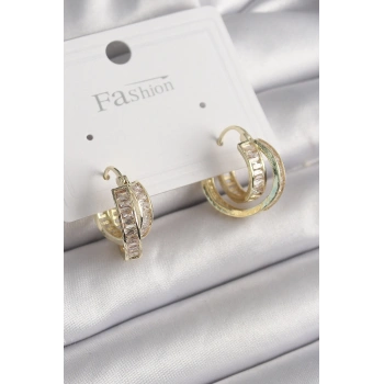 Mey İthalat® Pirinç Gold Renk Zirkon Taşlı Halka Model Kadın Küpe