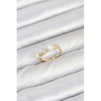 Mey İthalat® Pirinç Gold Renk Zirkon Taşlı İncili Model Kadın Yüzük