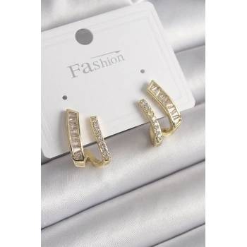 Mey İthalat® Pirinç Gold Renk Zirkon Taşlı Kadın Küpe