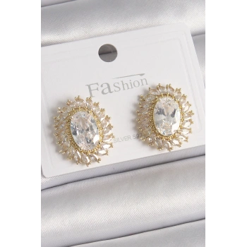 Mey İthalat® Pirinç Gold Renk Zirkon Taşlı Kadın Küpe