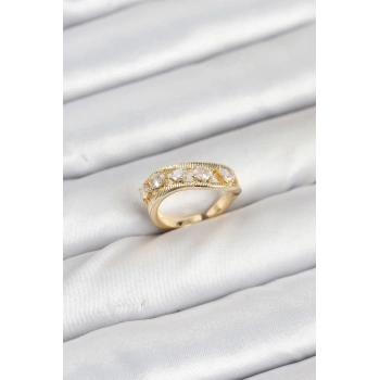 Mey İthalat® Pirinç Gold Renk Zirkon Taşlı Kadın Yüzük