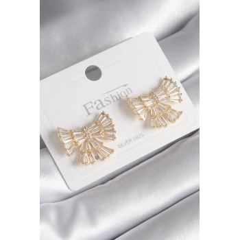 Mey İthalat® Pirinç Gold Renk Zirkon Taşlı Kurdele Model Kadın Küpe