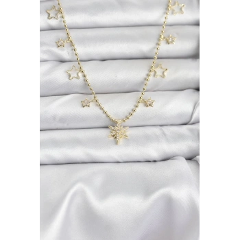 Mey İthalat® Pirinç Gold Renk Zirkon Taşlı Kutup Yıldızı Model Kadın Kolye