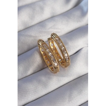 Mey İthalat® Pirinç Gold Renk Zirkon Taşlı Oval Model Küpe