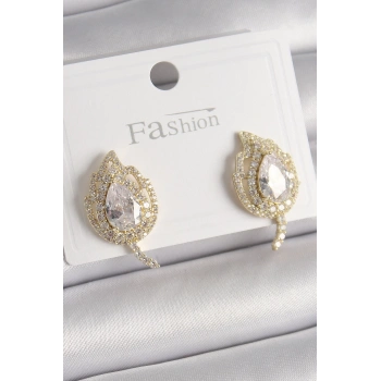 Mey İthalat® Pirinç Gold Renk Zirkon Taşlı Yaprak Model Kadın Küpe