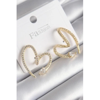 Mey İthalat® Pirinç Gold Renk Zirkon Taşlı Yılan Kalp Model Kadın Küpe
