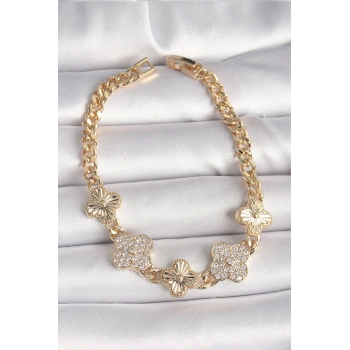 Mey İthalat® Pirinç Gold Renk Zirkon Taşlı Yonca Model Kadın Bileklik