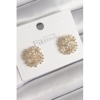 Mey İthalat® Pirinç Gold Renk Zirkon Taşlı Yonca Model Kadın Küpe