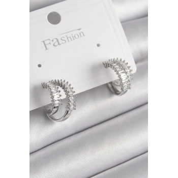 Mey İthalat® Pirinç Gümüş Renk 2Li Zirkon Taşlı Halka Model Kadın Küpe