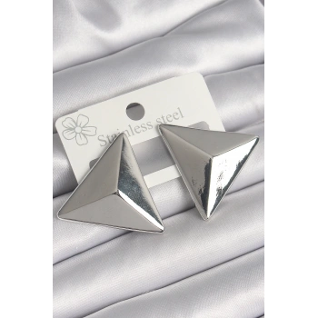 Mey İthalat® Pirinç Gümüş Renk 3D Üçgen Model Kadın Küpe