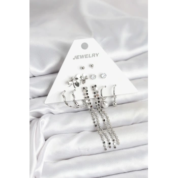 Mey İthalat® Pirinç Gümüş Renk 6 Çift Kadın Küpe