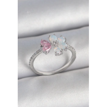 Mey İthalat® Pirinç Gümüş Renk Beyaz Mineli Pembe Zirkon Taşlı Çiçek Model Kadın Yüzük