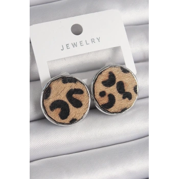 Mey İthalat® Pirinç Gümüş Renk Daire Plaka Model Leopar Desenli Kadın Küpe