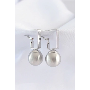 Mey İthalat® Pirinç Gümüş Renk Dikdörtgen Detay Oval Küpe