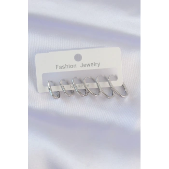 Mey İthalat® Pirinç Gümüş Renk İnce Oval Küpe Seti