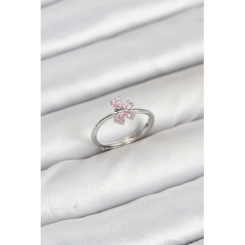 Mey İthalat® Pirinç Gümüş Renk Pembe Kelebek Kadın Yüzük