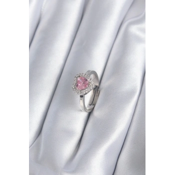 Mey İthalat® Pirinç Gümüş Renk Pembe Zirkon Taşlı Charm Model Kadın Yüzük