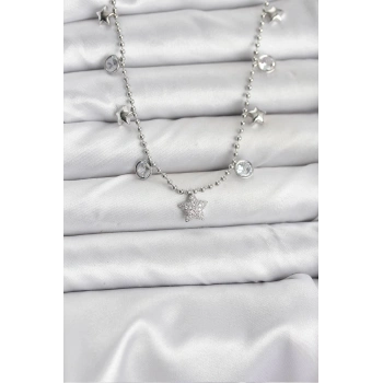 Mey İthalat® Pirinç Gümüş Renk Yıldız Model Kadın Kolye