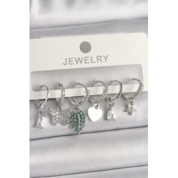 Mey İthalat® Pirinç Gümüş Renk Zirkon Taşlı Çoklu Figür Kadın Küpe Seti
